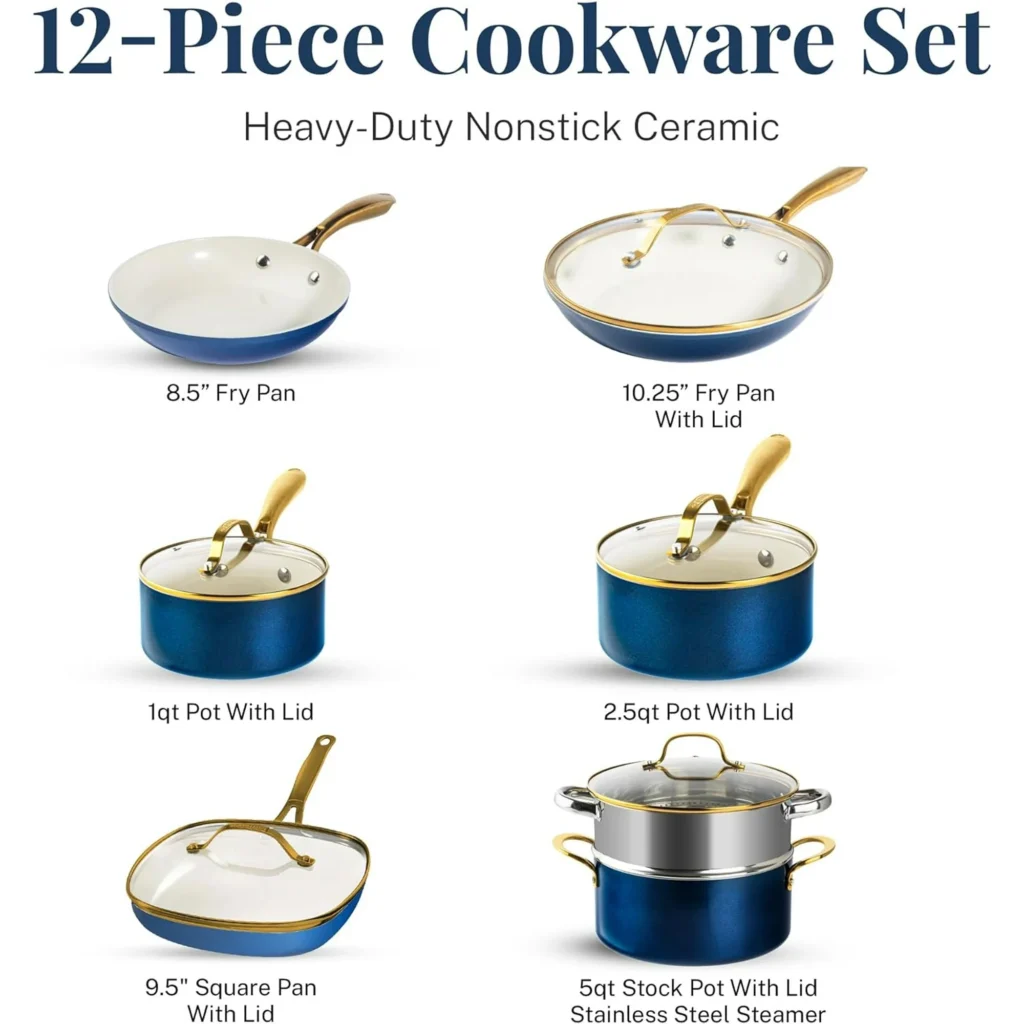 a blue and white cooking Cookware Set