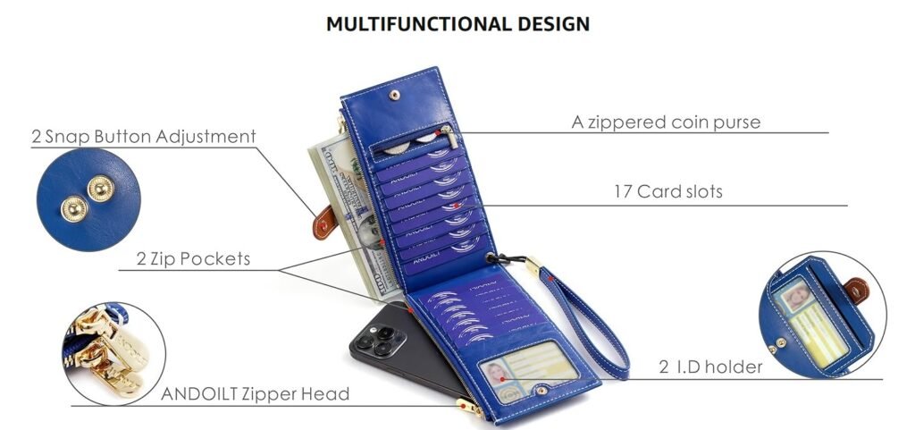a blue wallet with money and a phone